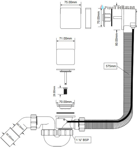 pipetherm MCALPINE Syfon wannowy automatyczny pokrętło mosiądz CHROM